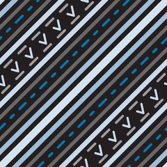 Seamless geometric stripy pattern. Texture of diagonal strips, dash lines, ticks strokes. Fashion for professional. Way, success, manager trend concept. Black, blue colored background. Vector - 306417277