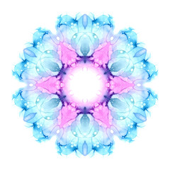 Delicate watercolor flower mandala isolated on white background. Kaleidoscope effect.