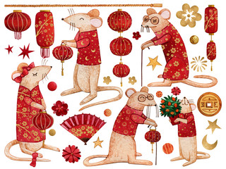 Set of watercolor elements with rats in red costumes for the celebration of the Chinese New Year 2020. Hand drawn lanterns, golden details, flowers for making cards and for your own design.