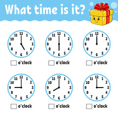 Learning time on the clock. Educational activity worksheet for kids and toddlers. Game for children. Simple flat isolated vector illustration in cute cartoon style.