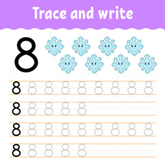 Trace and write. Handwriting practice. Learning numbers for kids. Education developing worksheet. Activity page. Game for toddlers and preschoolers. Isolated vector illustration in cute cartoon style.