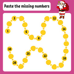 Paste the missing numbers. Handwriting practice. Learning numbers for kids. Education developing worksheet. Activity page. Game for children. Isolated vector illustration in cute cartoon style.