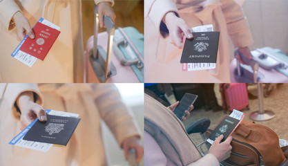 girl with a suitcase holds Japan, Canadian and American passport and boarding pass
