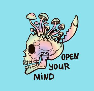 rainbow skull with growing mushrooms, psy art illustration