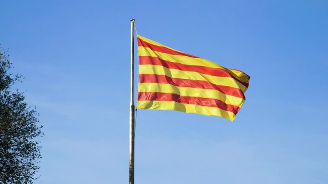 Close-up shot of the flag of Catalonia flying in the wind against blue sky. Barcelona. Spain. 4K
