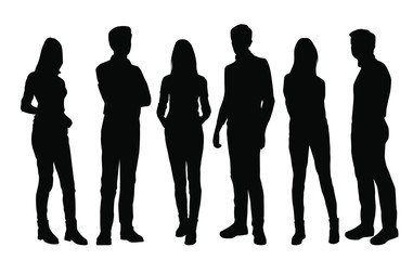Vector silhouettes of  men and a women, a group of standing business people, black color isolated on white background