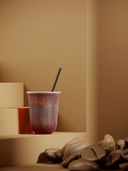 Minimal Beverage background for smoothie and drink presentation. Cold brew coffee on brown steps podium and foreground coffee bean. Cafe poster templates mock up . 3d render illustration.