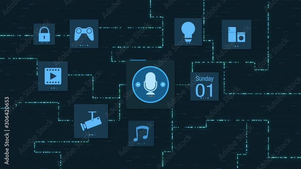 Poster voice assistant with network grid and icons about iot and home automation