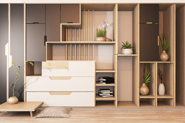 Black and white Cabinet mix wardrobe shelf wooden japanese style and decoration plants on shelf.3D rendering