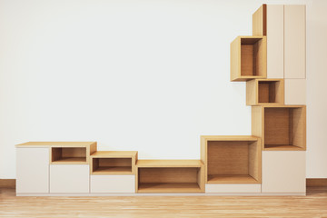 Design Cabinet shelf wooden japanese style on Empty room minimal .3D rendering