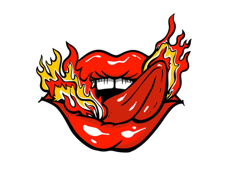 mouth with sticking out tongue and fire