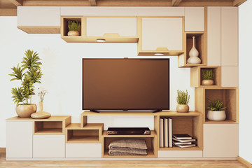 Shelf boxs cabinet tv wooden japanese design on room minimal interior.3D rendering