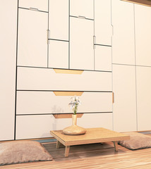 Modern wall wardrobe wooden japanese style and sofa armchair wooden on Empty room minimal interior.3D rendering