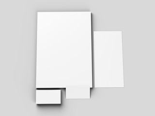 Paper in A4 format with business cards and envelope. Stationery mockup. 3d illustration