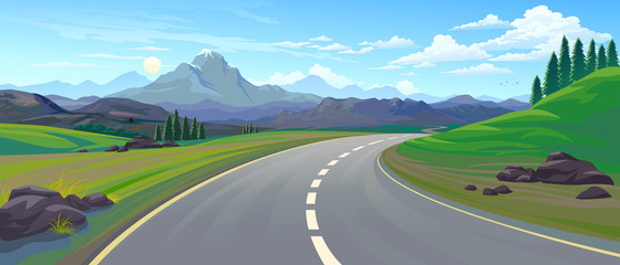 Perspective of a driving on a highway across the mountain landscape