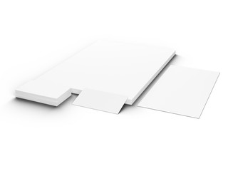 Paper in A4 format with business cards and envelope. Stationery mockup. 3d illustration