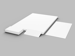 Paper in A4 format with business cards and envelope. Stationery mockup. 3d illustration