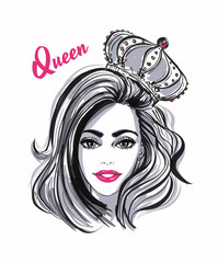 girl in a crown with her hair down, fashion illustration