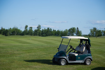 Beautiful green golf course with a golf ball in focus copy space mock up