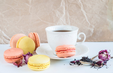 White cup of tea, french macaroons in pastel colors, dry tea, rose flowers on the white table. Copy space, top view
