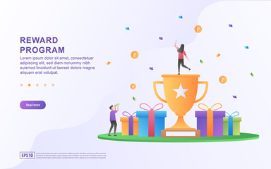 Reward program concept design, people getting cash rewards and gift from online shopping, Cash back program for customers. Suitable for web landing page, marketing material, mobile app, web banner.