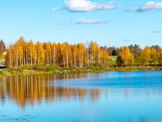 colorful autumn landscape by the lake, golden autumn, colorful trees and reflections