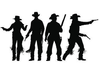 Vector silhouettes of wild-west gunslingers, outlaws, lawmen and cowboys.
