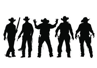 Vector silhouettes of wild-west gunslingers, outlaws, lawmen and cowboys.