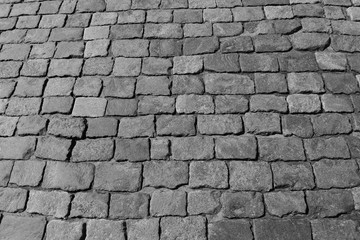 cobblestone pavement close-up in black and white