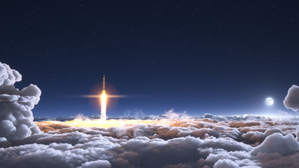 Rocket flies through the clouds on moonlight