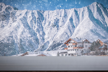 Table background of free space and cold winter day. 