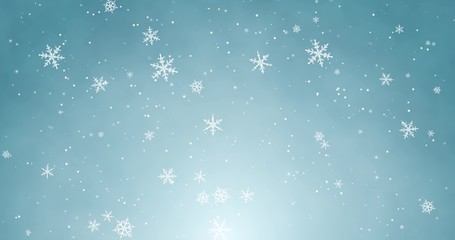 Snowflakes and bokeh lights on the blue Merry Christmas background. 3D rendering