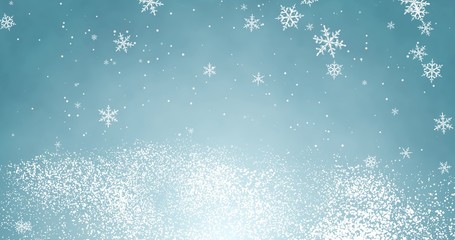 Naklejka na ściany i meble Snowflakes and bokeh lights on the blue Merry Christmas background. 3D rendering