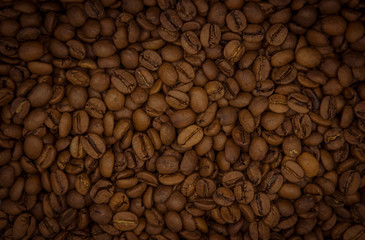 Coffee grains. Background of roasted coffee beans brown. layout
