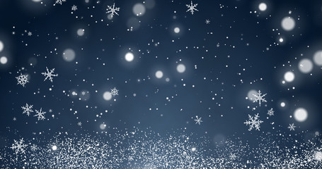 Snowflakes and bokeh lights on the blue Merry Christmas background. 3D rendering