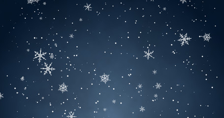 Snowflakes and bokeh lights on the blue Merry Christmas background. 3D rendering