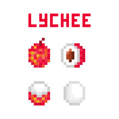 Set of 4 pixel art lychee (uncut, cut in half, peeled) icons isolated on white. Collection of 8 bit exotic tropical fruit symbols. Old school vintage retro 80s, 90s slot machine/video game graphics.