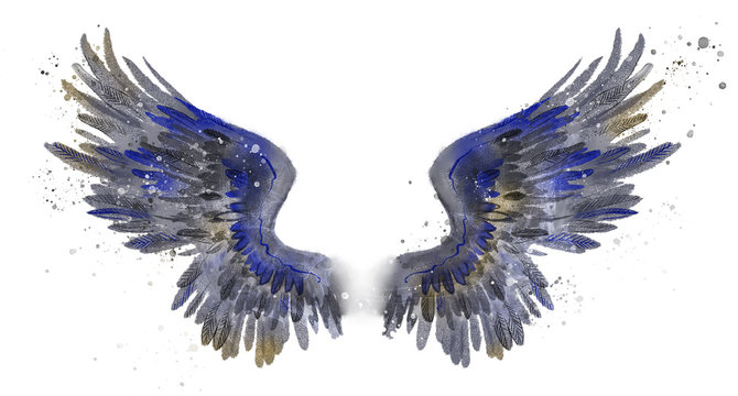 Beautiful grey blue golden watercolor wings
