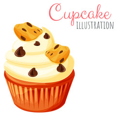 Delicious cute cupcake vector illustration, isolated cartoon style muffin dessert.