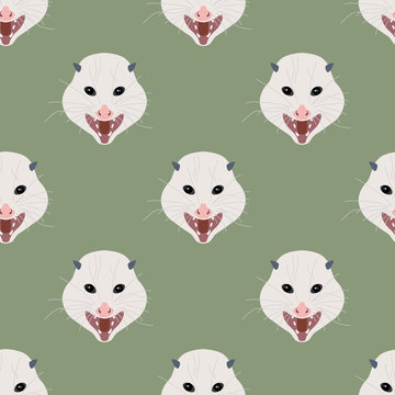 Seamless Geometrical Animal Pattern With Stylized Funny Faces Of Opossum