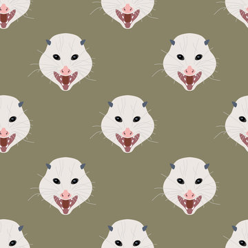 Seamless Geometrical Animal Pattern With Stylized Funny Faces Of Opossum