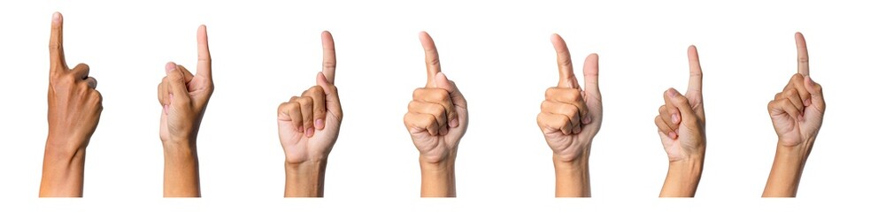 Male hand gesture and sign collection isolated over white background, set of multiple pictures