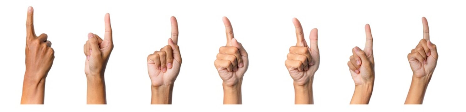 Male hand gesture and sign collection isolated over white background, set of multiple pictures