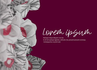  Handmade crepe paper flowers, on a plain background. Mockup for business cards, invitations and posters.