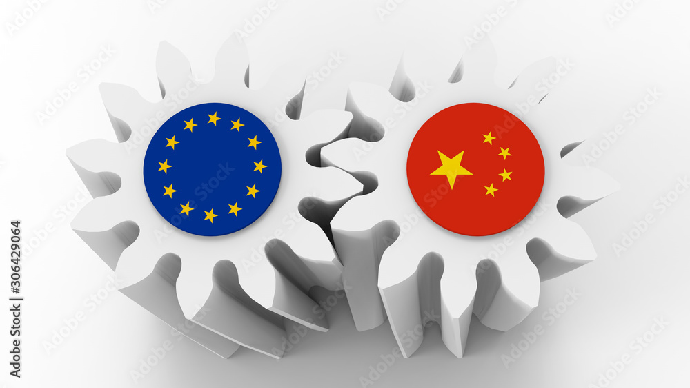 Aufkleber 3d rendering - engineering cooperation between eu and china concept