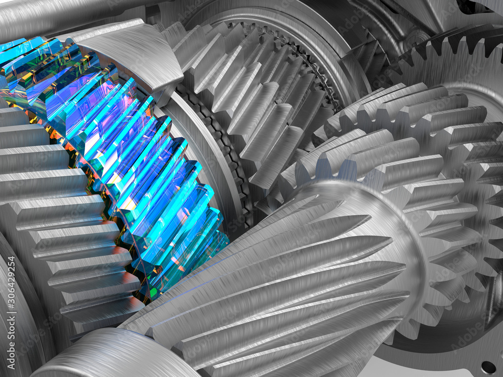 Poster 3d rendering - gear assembly highlight