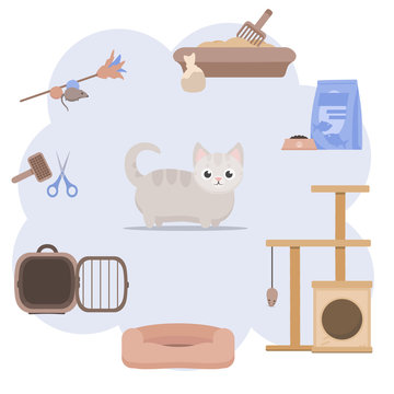 Different accessories for cats. Stock vector illustration. Cat food, scratching post, pet cage, cat bed, toilet, toys, teaser, comb, scissors.