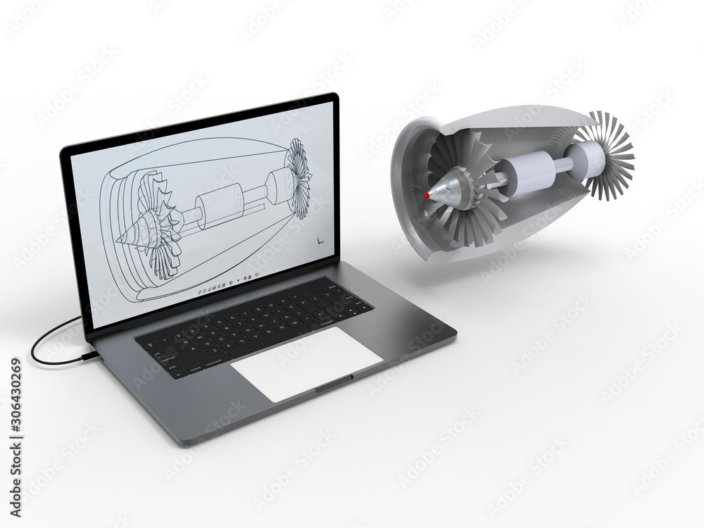 Aufkleber 3d rendering - computer aided design - plane jet engine