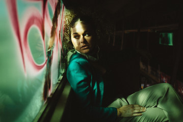 woman in abandoned train