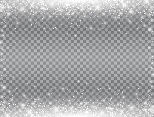 Shining snow border. Snow falling on transparent background. Merry Christmas card. Magic snowfall. Winter design elements for card, poster, web banner. Vector illustration